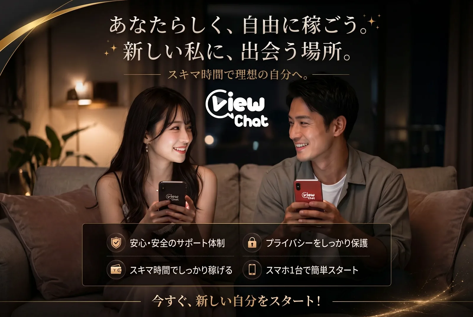 夜のスキマ時間に自宅でスマホを使いViewChatで在宅ワークをするイメージ